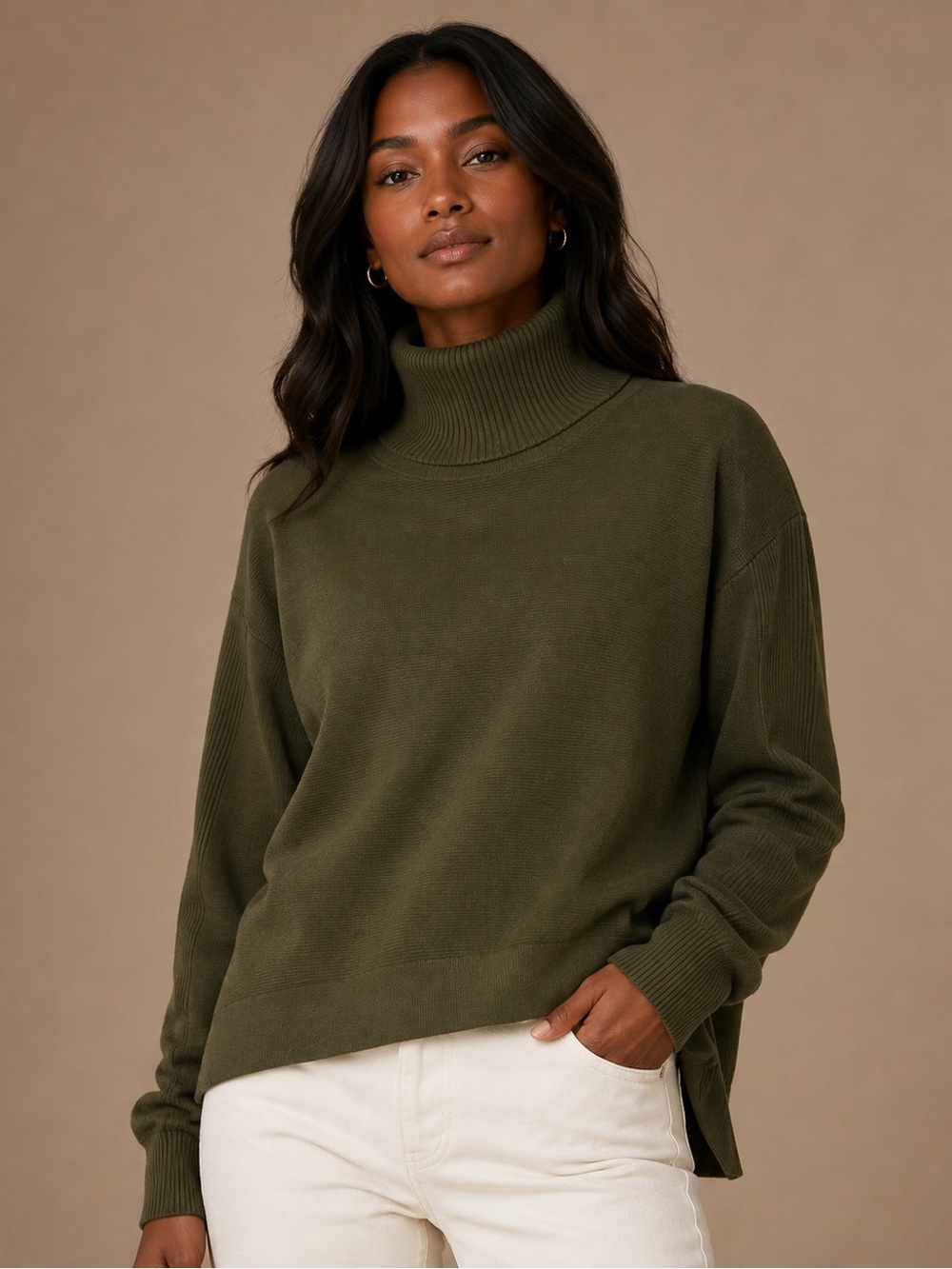 Olive Green Oversized Ribbed Turtleneck Sweater Size L